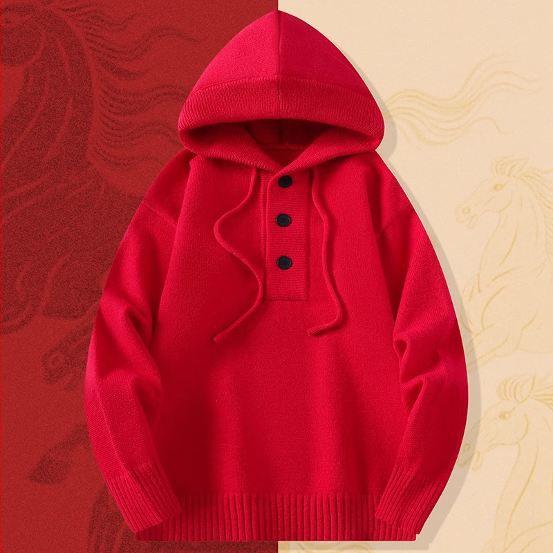 

Красный вязаный свитер с капюшоном для мужчин, винтажный, на пуговицах, свободный, теплый, зимний, повседневный, с длинными рукавами, из смесового полиэстера, к Лунному Новому году