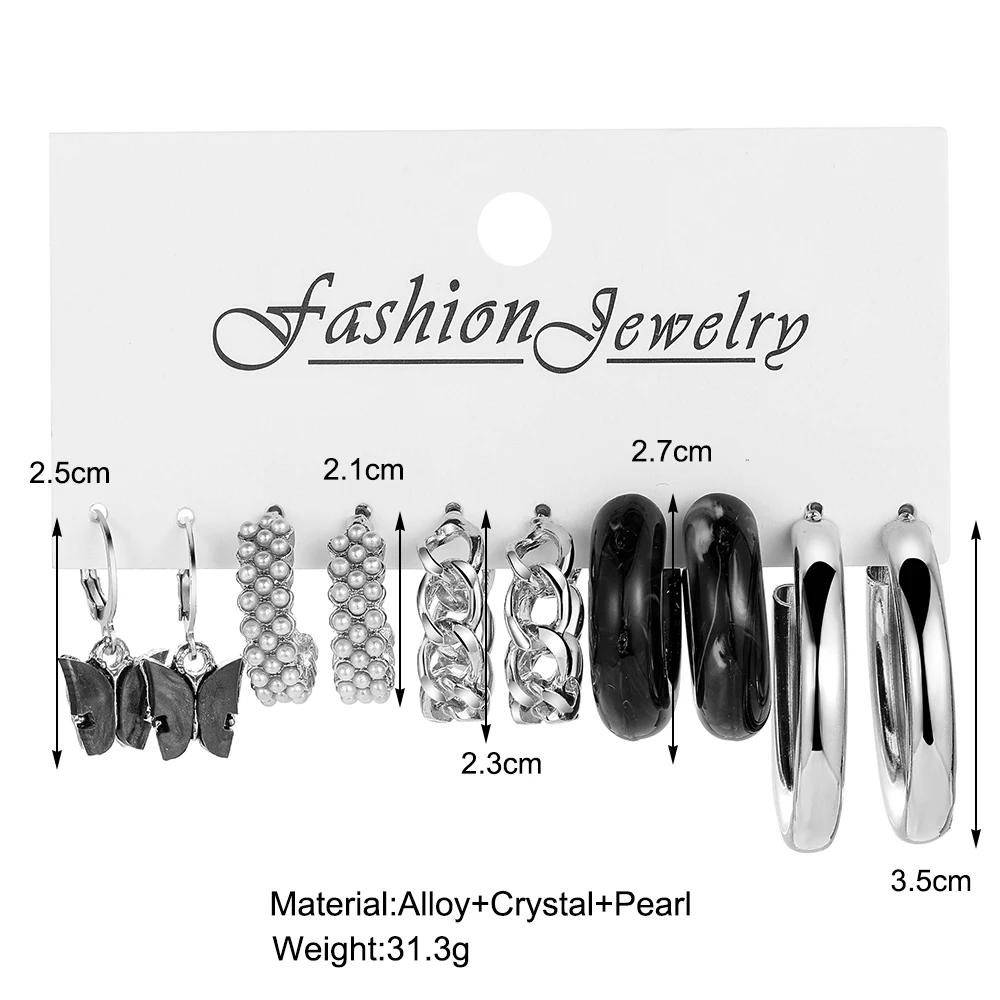 Silver Color Butterfly Pearl Earrings Set For Women Girls Vintage Circle Geometric Resin Twist Hoop Earrings Trendy Jewelry Gift
