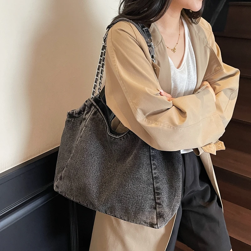 

Chains Denim Women's Bag Vintage Shoulder Bag Shopper Messenger Bag Y2K Eco Bag Korean Tote Bag Jean Handbag Large Hobo Stylish
