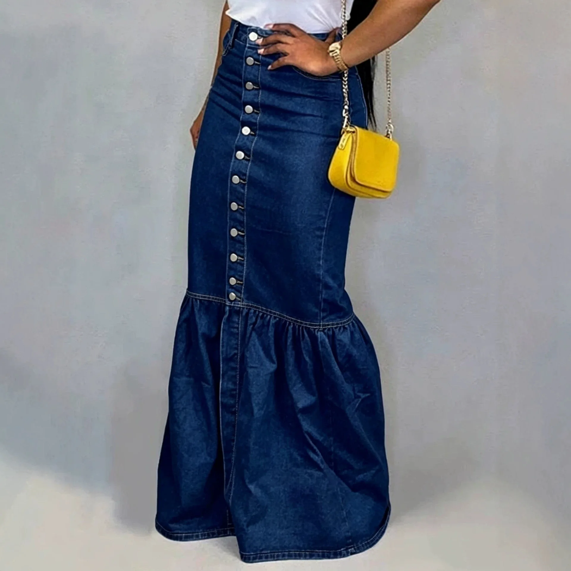Women Skirts Denim Solid Vestidos Slim Fit Party Dress Ankle Length Sexy Wrap Buttocks Spliced Basics Button Pockets Washing