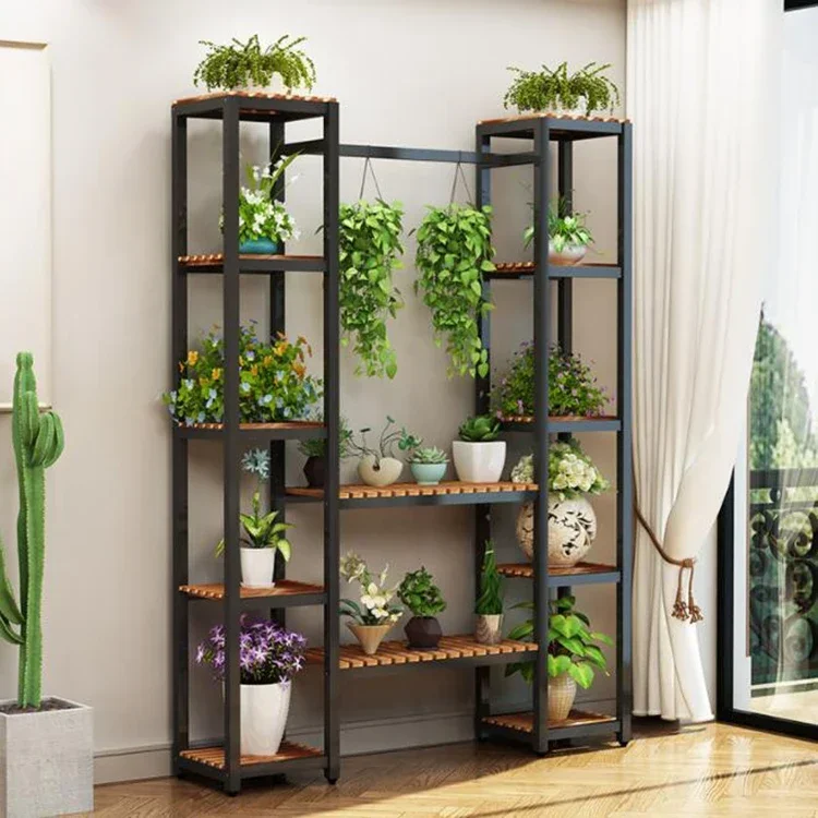 

-Simple Balcony Flower Stand Rack Wrought Iron Wood Multi-Layer Plant Rack