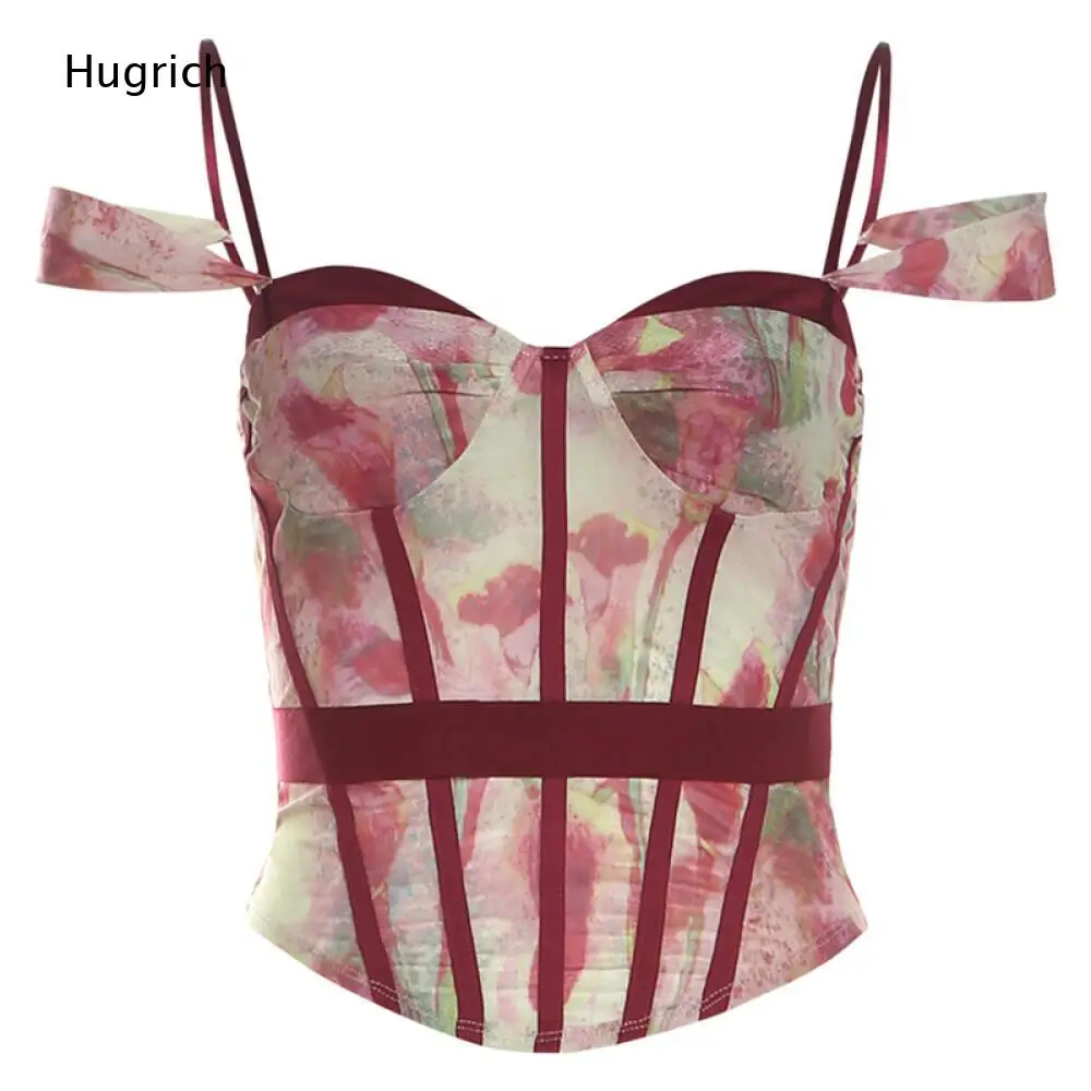 Burgundy Contrast Strip Floral Corset Camisole Women Shoulder Bow Sweetheart Neck Slim Fitted Sleeveless Layering Top