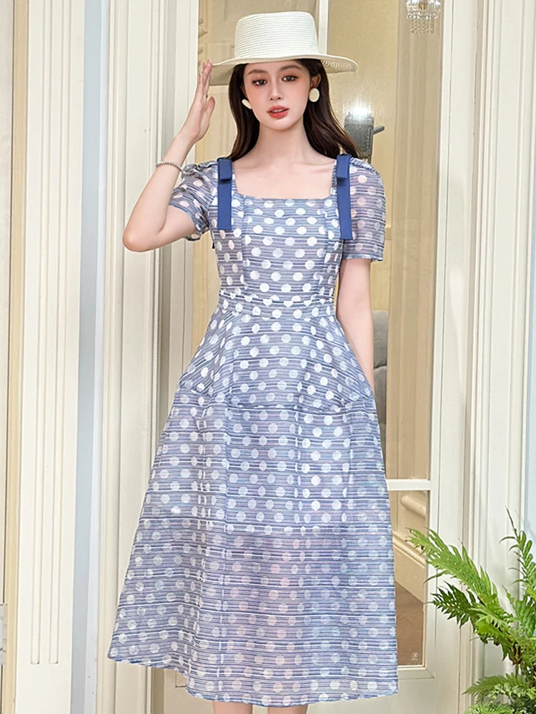 Vintage Cute Blue White Polka Dot Midi Dress Women's Sheer Swing Ball Gown Female Casual Daily Party Vestidos Dating Prom Robe