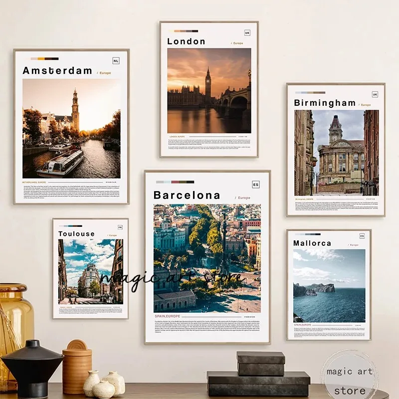 Lisbon Barcelona Paris Birmingham London Posters And Wall Art Canvas Painting Poster Decor Living Room home decoro ﻿