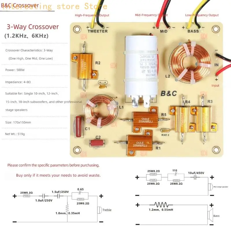 DIY-Lautsprecher-Trennplatine, 3-Wege-Passiv-Splitter mit sichtbarer Wicklung und Lastteil-Layout – Detail 4