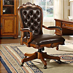 American leather boss chair retro carved solid wood swivel European computer  home office anchor