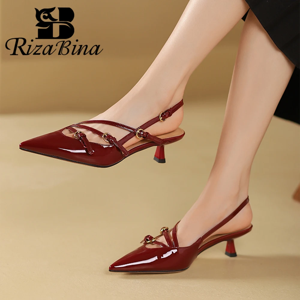 RIZABINA New Size 34-40 Women Slingback Pumps Sexy Pointed Toe Chic Thriple Belt Buckle Design Elegant Daily Thin Heel Footwear