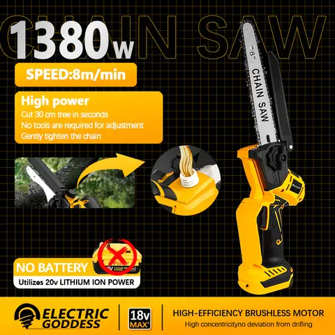 전기 여신 브러시리스 8인치 목재 체인 톱 18V Dewalt 배터리용 전기 무선 고효율 절단 전동 공구 