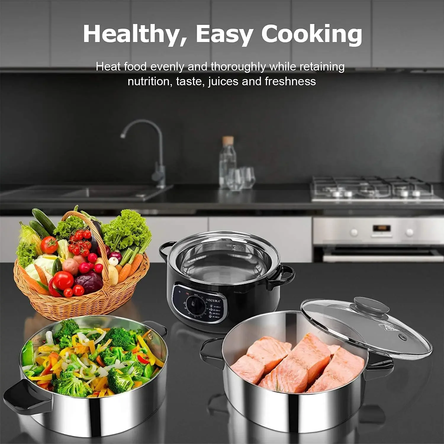 Steel Food Steamer 8.5 Qt Electric Glass Lid Vegetable Steamer Double Tiered Stackable Baskets with Timer
