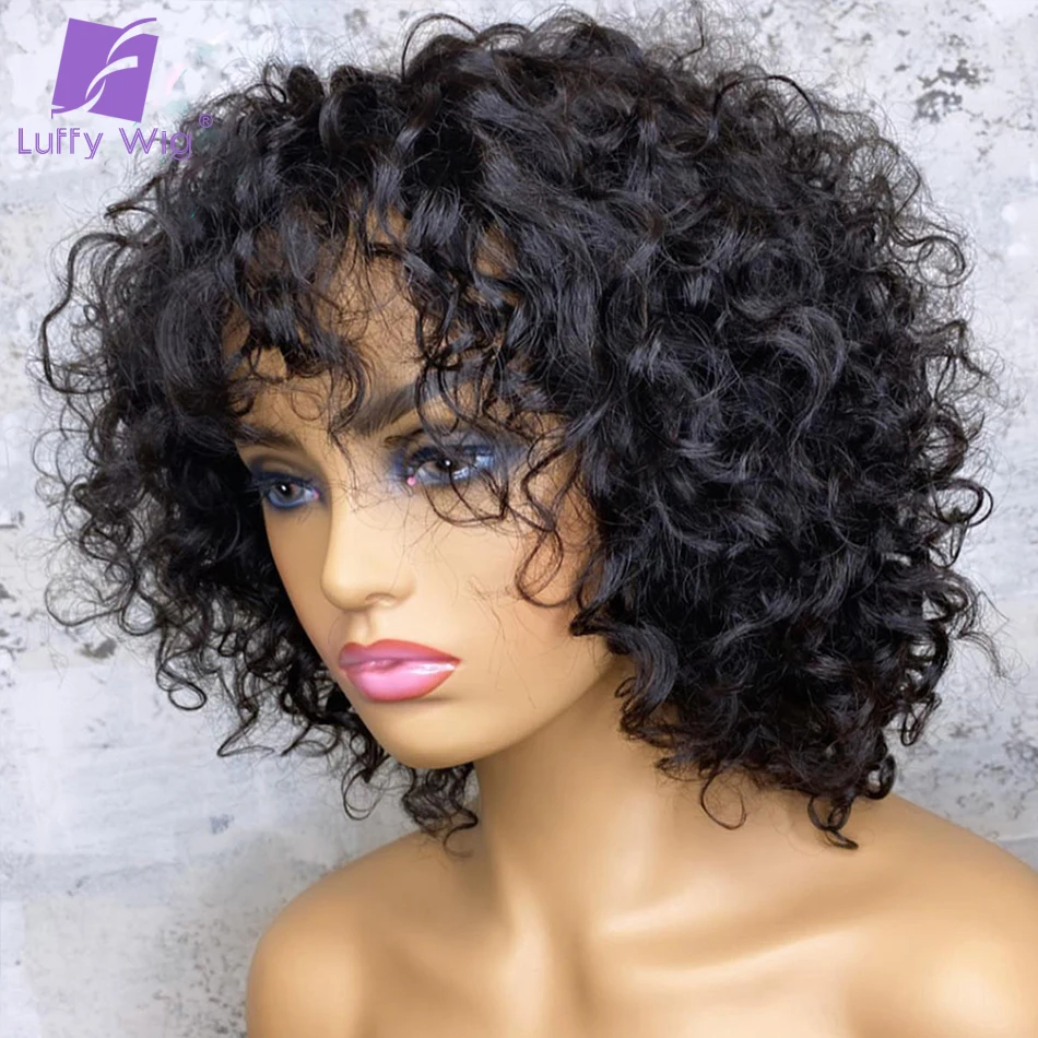 

Short Curly Bob Human Hair Wigs With Bangs Brazilian Remy O Scalp Top Bang Wig Full 200 Density Glueless For Black Women LUFFY