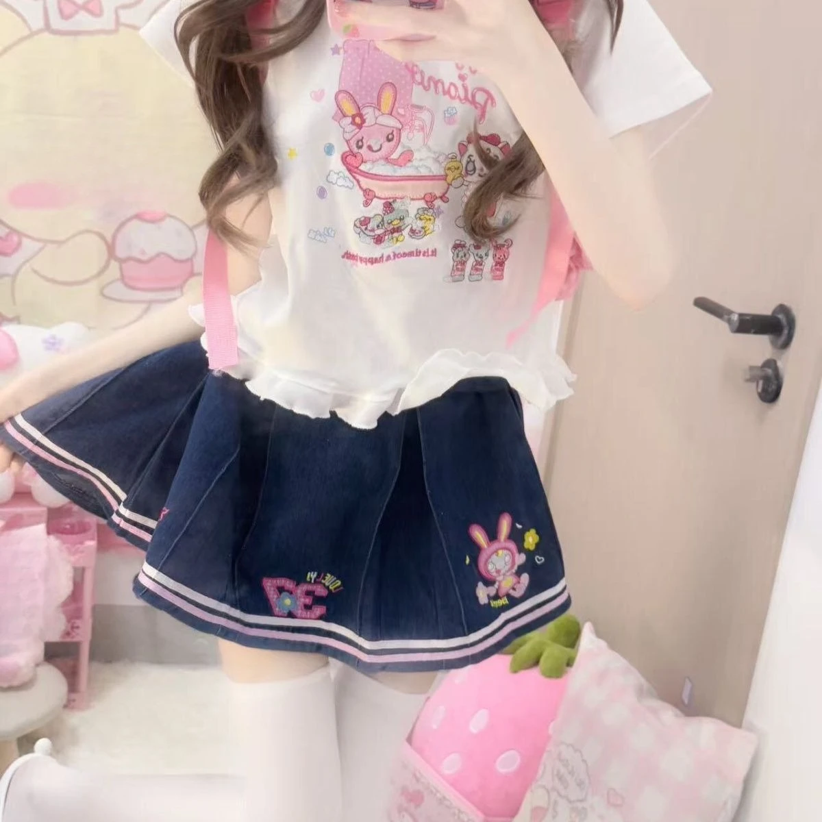 2026 アメリカンヴィンテージデニムスカート女性カジュアル日本かわいいケーキスカート女の子のためのホリデーパーティー服ハイウエスト春