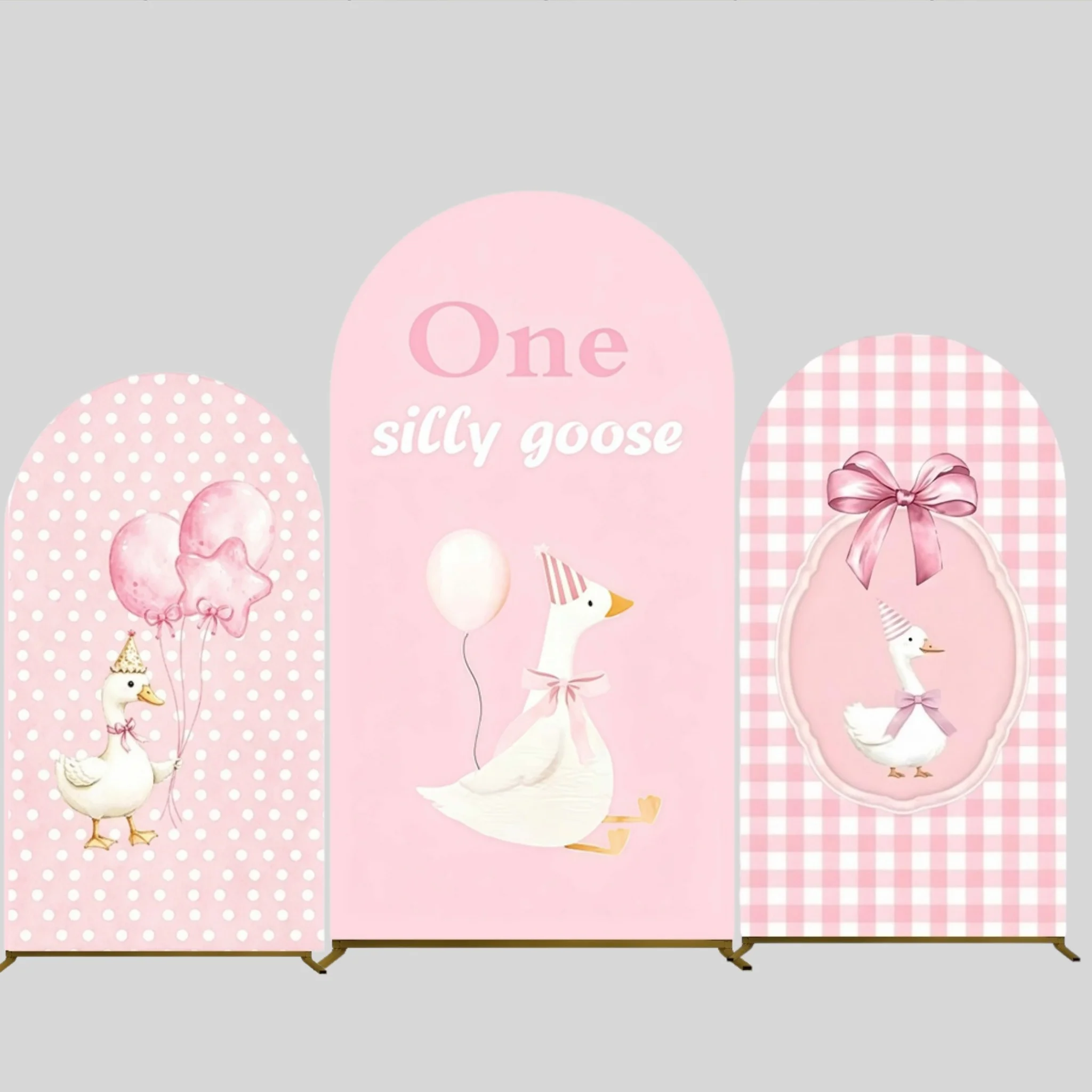 Cute Goose Theme Arch Backdrop Cover “One Silly Goose” Floral Pink Background Kids' 1st Birthday Party Baby Shower Photo Studio