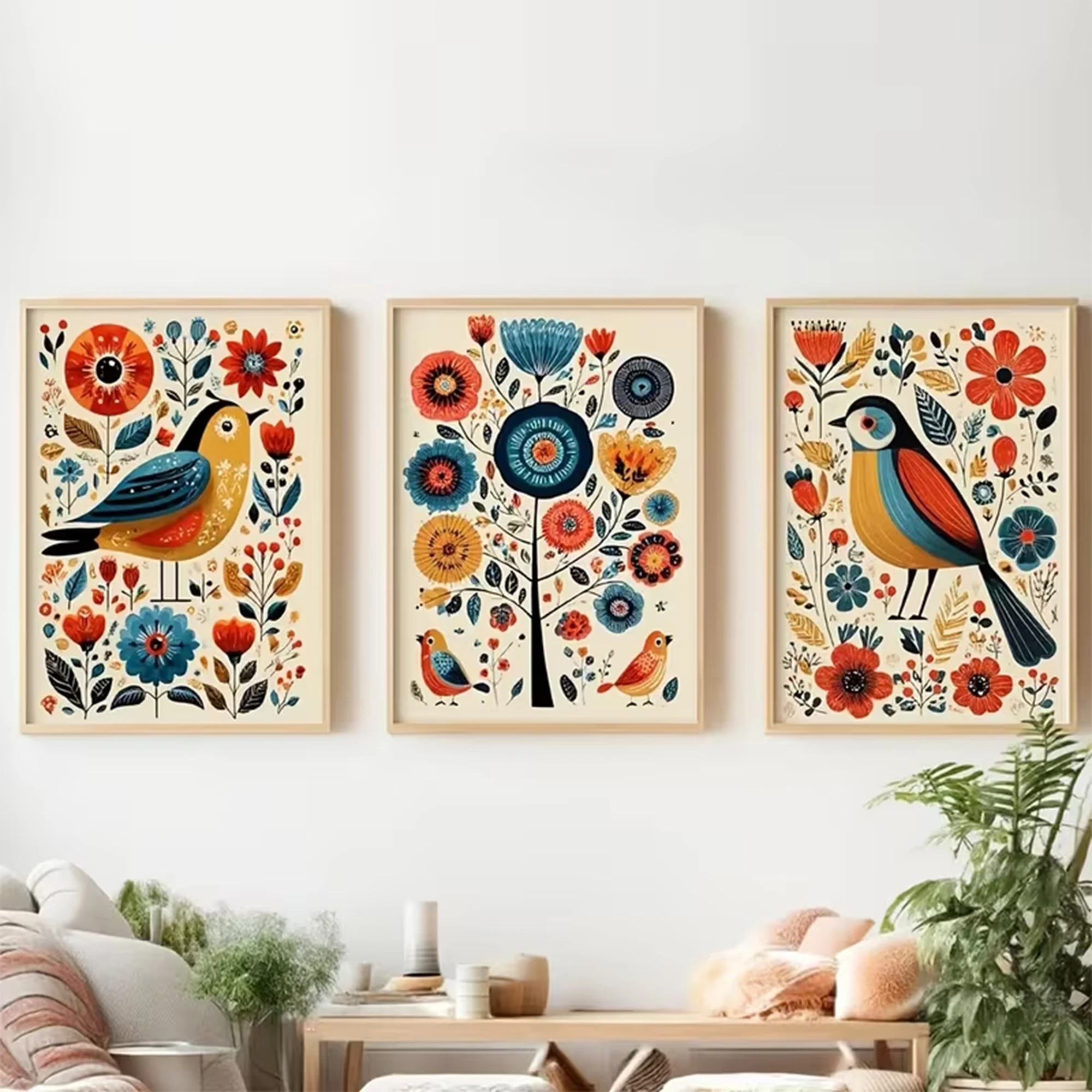 3pcs Retro Religious Ornate Birds And Flowers Wall Art Print Canvas Painting Poster Picture For Living Room,Bedroom Home Decor
