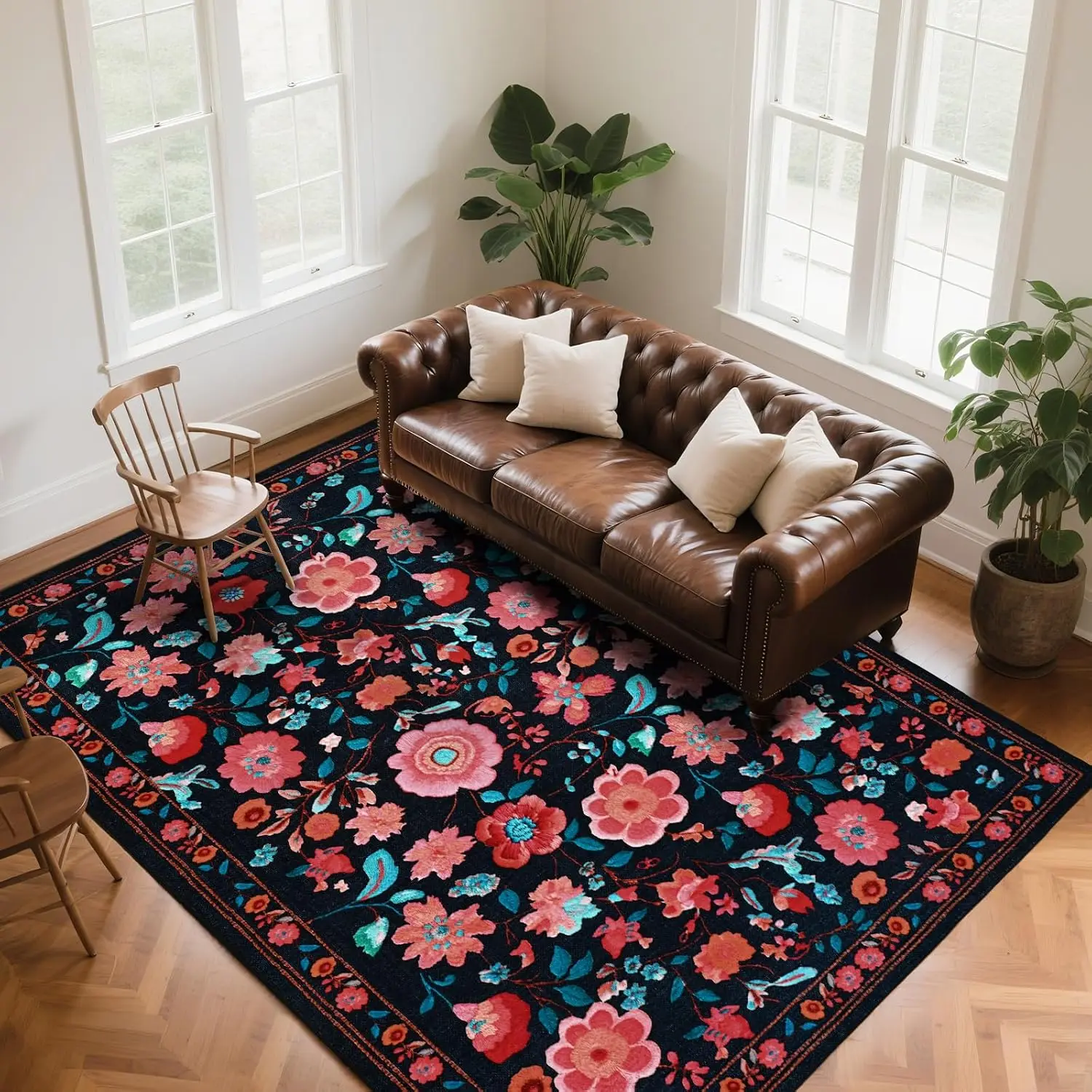 Modern Floral Floor Mat Area Rug Carpet Low Pile Stain Resistant Washable for Living Room Bedroom Dining Open Floor Decor
