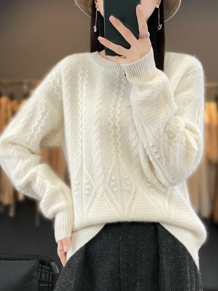 Women O-neck Twist Flower Pullover Autumn Winter 100% Merino Wool Sweater Thick Warm Basic Cashmere Knitwear Korean Fashion Tops