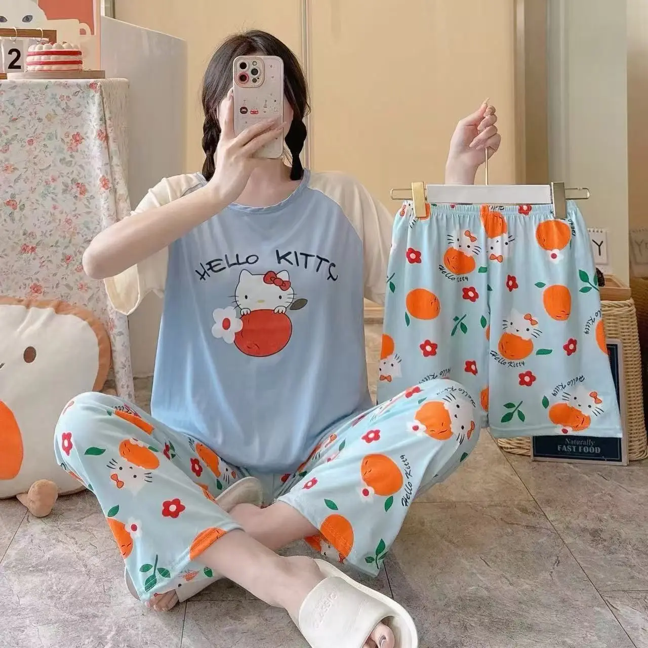 

3Pcs Kawaii Hello Kitty Cartoon Pajamas Women Summer T-Shirt Short Sleeve Pants Shorts Cartoon Sleepwear Homewear Set Anime New