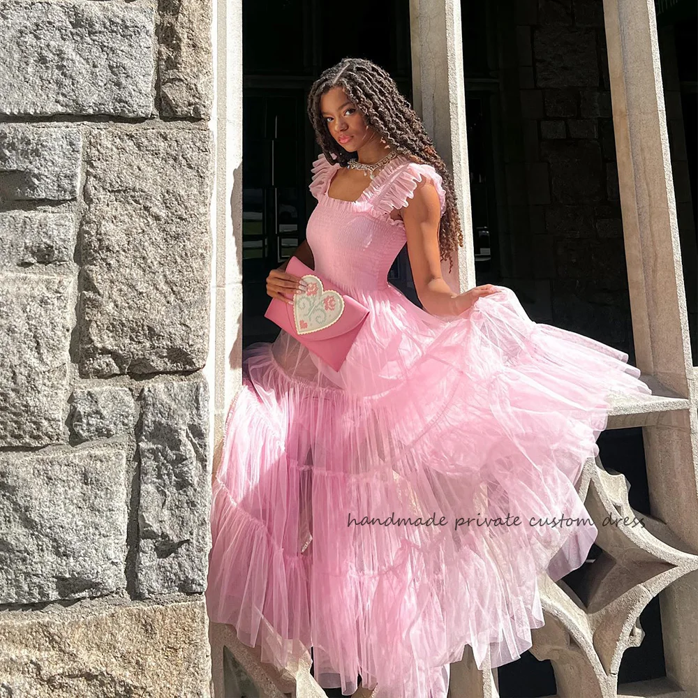 

Pink Fairy Prom Party Dresses Tiered Ruched Tulle Homecoming Prom Dress Elegant Graduation Evening Gowns Back Lace Up