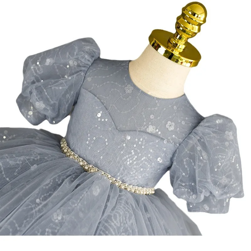 1st Birthday Party Girl Baby Dress Luxurious Sequin Grey Pearl Bubble Sleeve Bow Princess Tutu Dress Flower Girl Wedding Dress