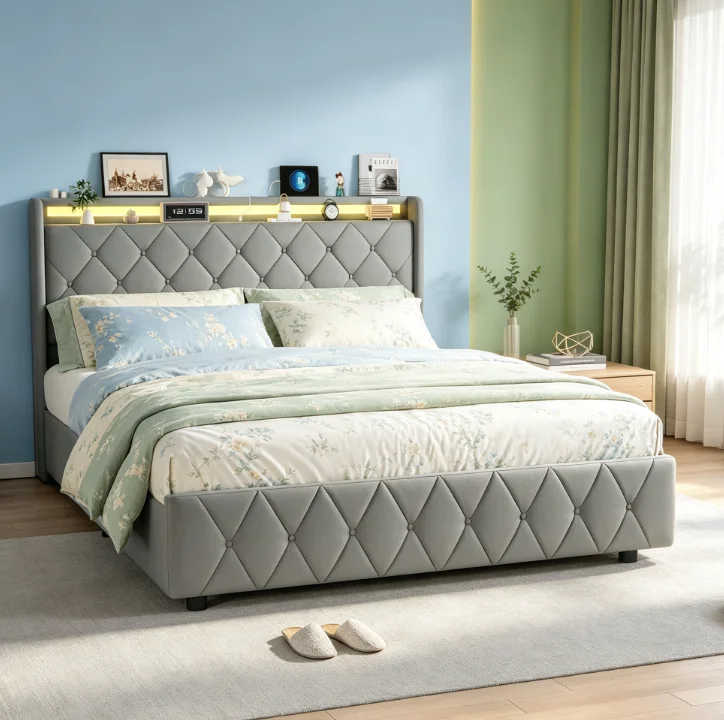 Rosahqnda Samtbett mit 4 Schubladen, LED-Beleuchtung und USB-Ladeanschluss, gepolsterter Bettrahmen, ohne Lattenrost, Beige/Grau (90/140/160×200 cm)