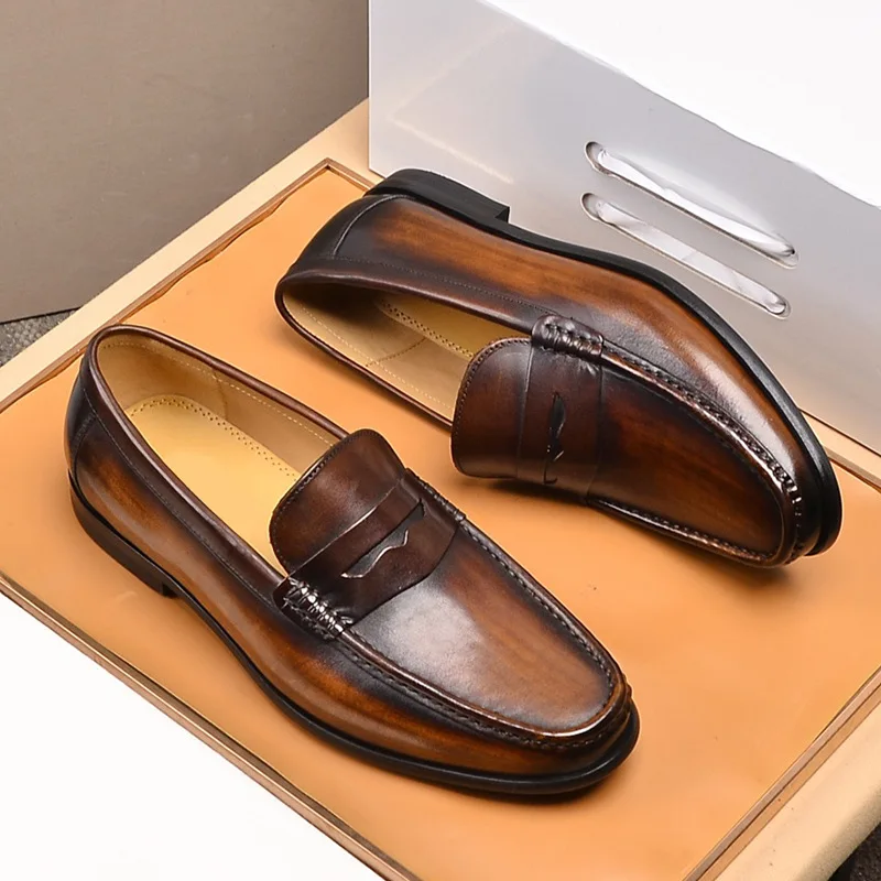 Vintage Top Layer Genuine Leather Slip on Loafers Breathable Moccasins Driving Design Casual Cowhide Shoes for Men