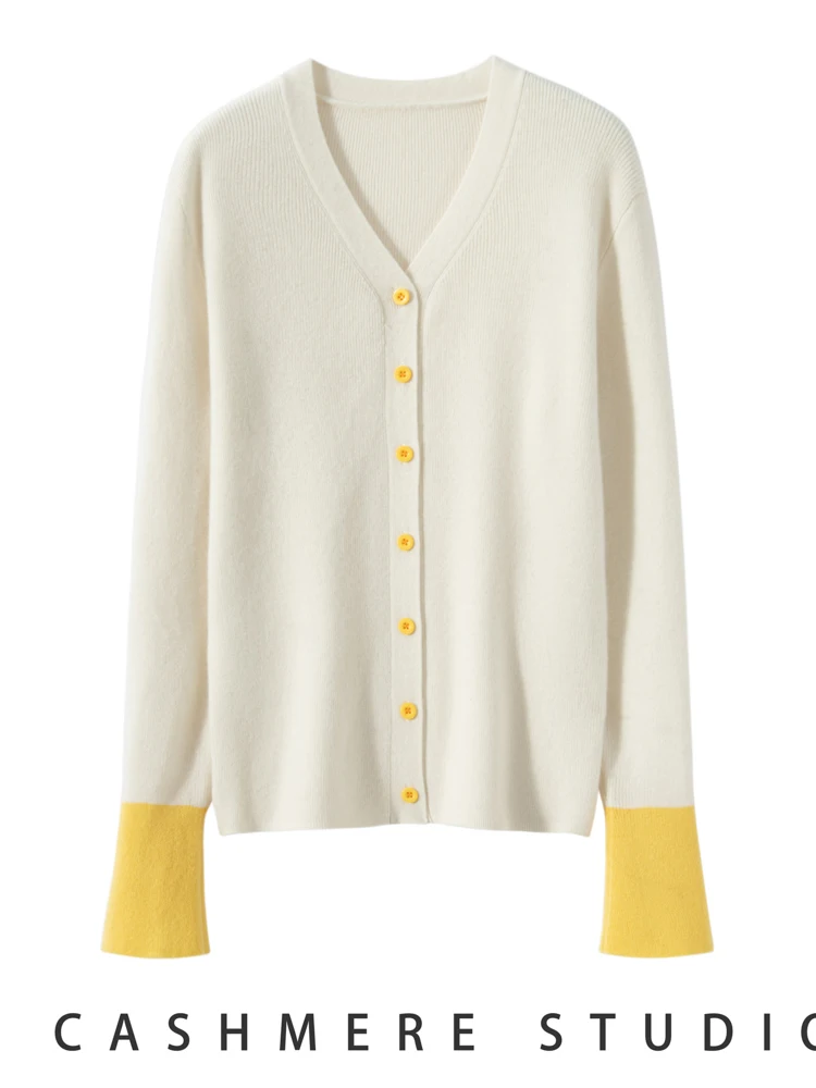 

MEETCC Women 100% Cashmere V Neck Cardigan Spring Autumn Soft Cashmere Sweater Coat Female Buttoned Contrast Color Knitwear Tops