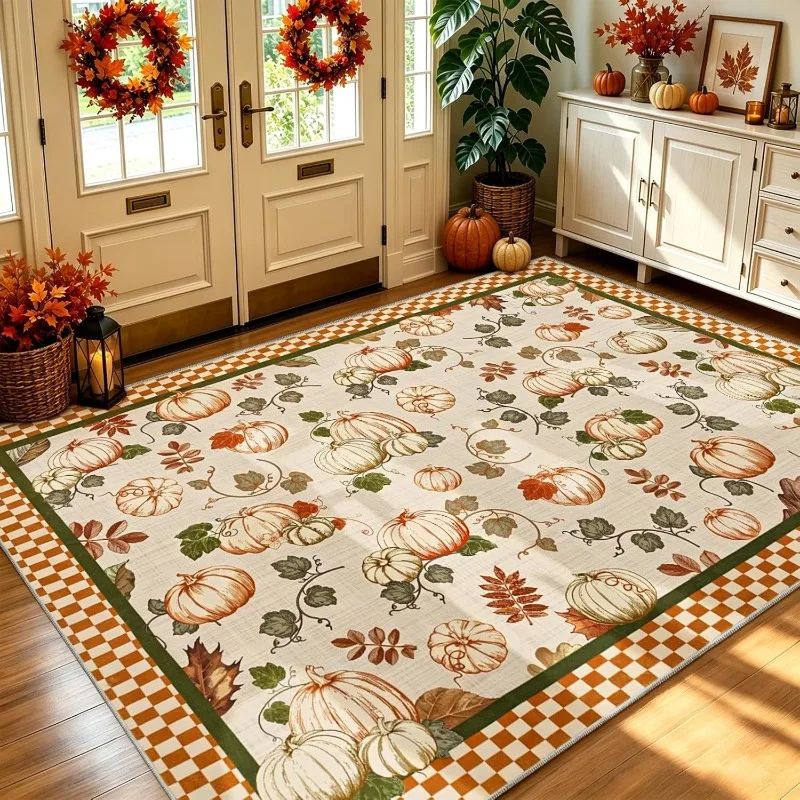 Fall Pumpkin Print Living Room Carpet Vintage Luxury Machine Washable Non-slip Rug Autumn Harvest Decor Coffee Table Floor Mat