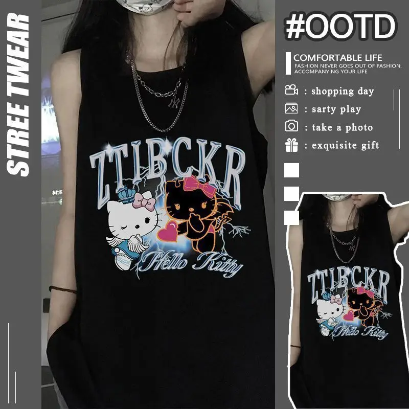 

Sanrio Korean Vest Hello Kitty Black T-Shirt Versatile Cartoon Print Hot Girl Student Trendy Brand Design Sense Sleeveless Vest