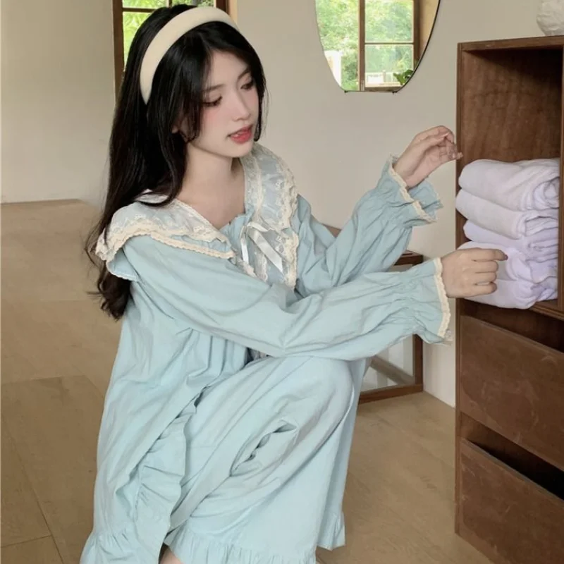 Spring Autumn Heavy Industry Lace V-neck Long Sleeve Pajamas Women 2024 New Court Style Ruffled Sweet Solid Color Home Dress Set