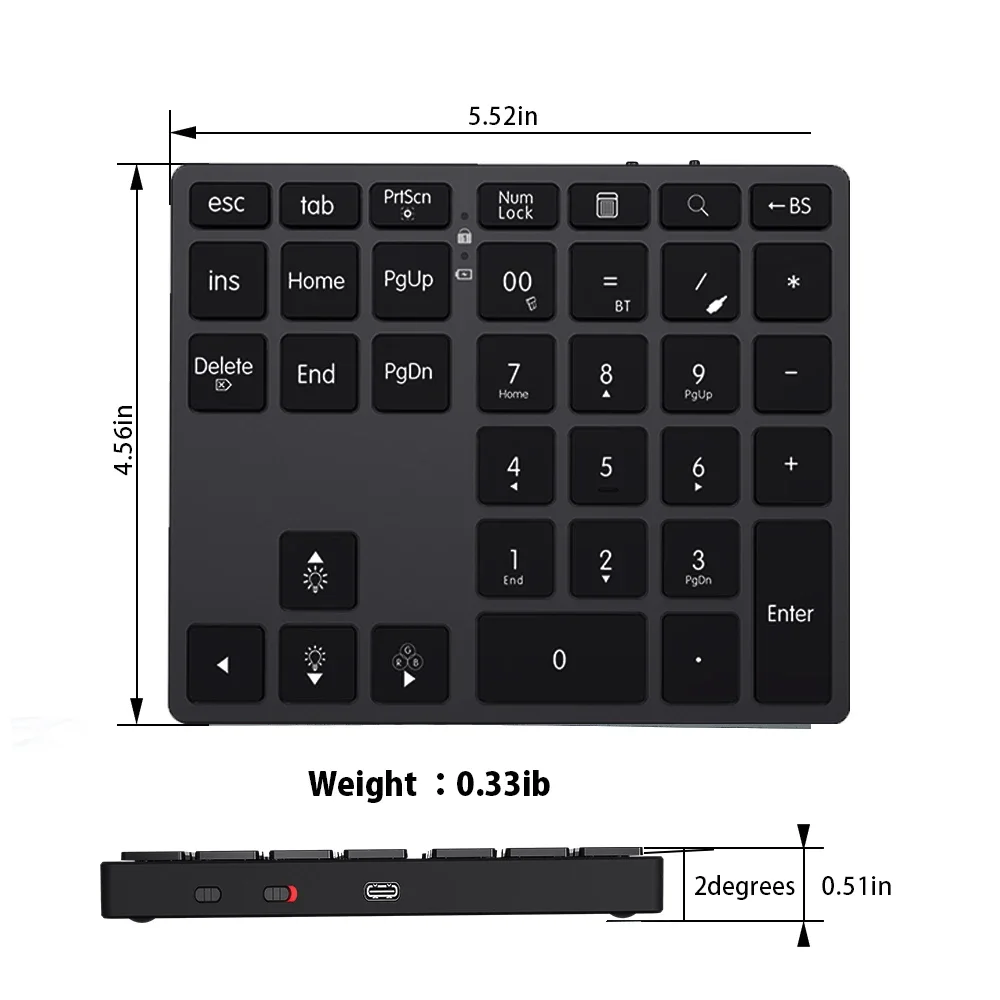 Teclado Numérico Sem Fios, Teclado Externo, Bluetooth, Recarregável, RGB, Entrada de Dados, 34-Teclas