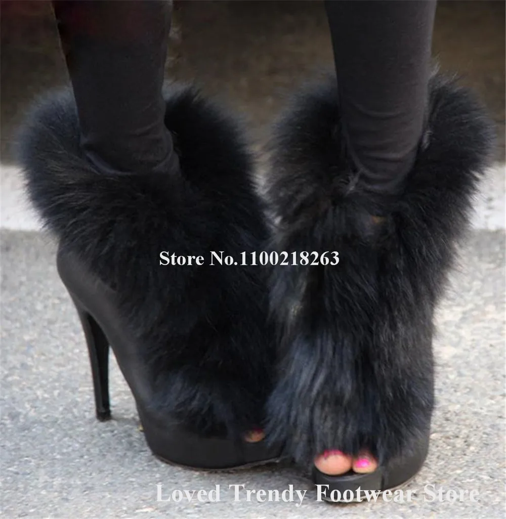 

Black Fur Fringes Stiletto Heel Short Boots Women Elegant Peep Toe Suede Slip-on Thin Heel Ankle Booties Big Size Leisure Heels