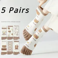 5 Pairs Five Finger Socks Women Yoga Pilates Cotton Toe Socks with Separate Fingers Cartoon Bear Cute Kawaii Socks