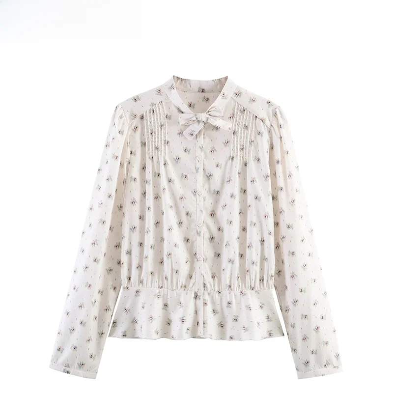 

Fashionable Knot Printed Shirt ZR Spring New Arrival Women's Polyester Long Sleeve Stand Collar Deformable Polyester