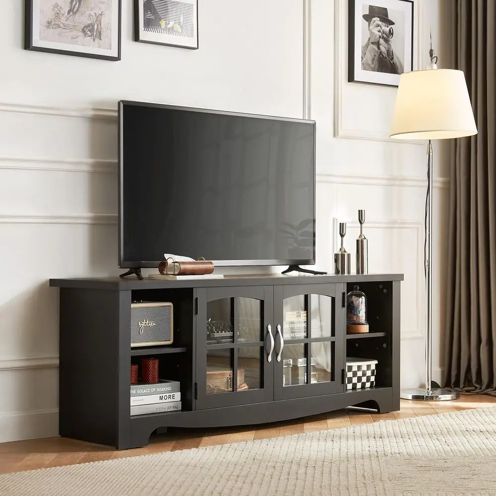 

Farmhouse TV Stand for 65 Inch TV, Wood Entertainment Center with Glass Door Storage Cabinet amp Adjustable Shelves, Sturdy TV