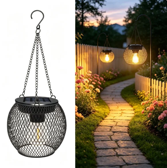 Retro Metal Hanging Solar Lantern Outdoor, Auto On/Off Bright LED Solar Hanging Lights IP65 Waterproof for Patio Garden Lawn
