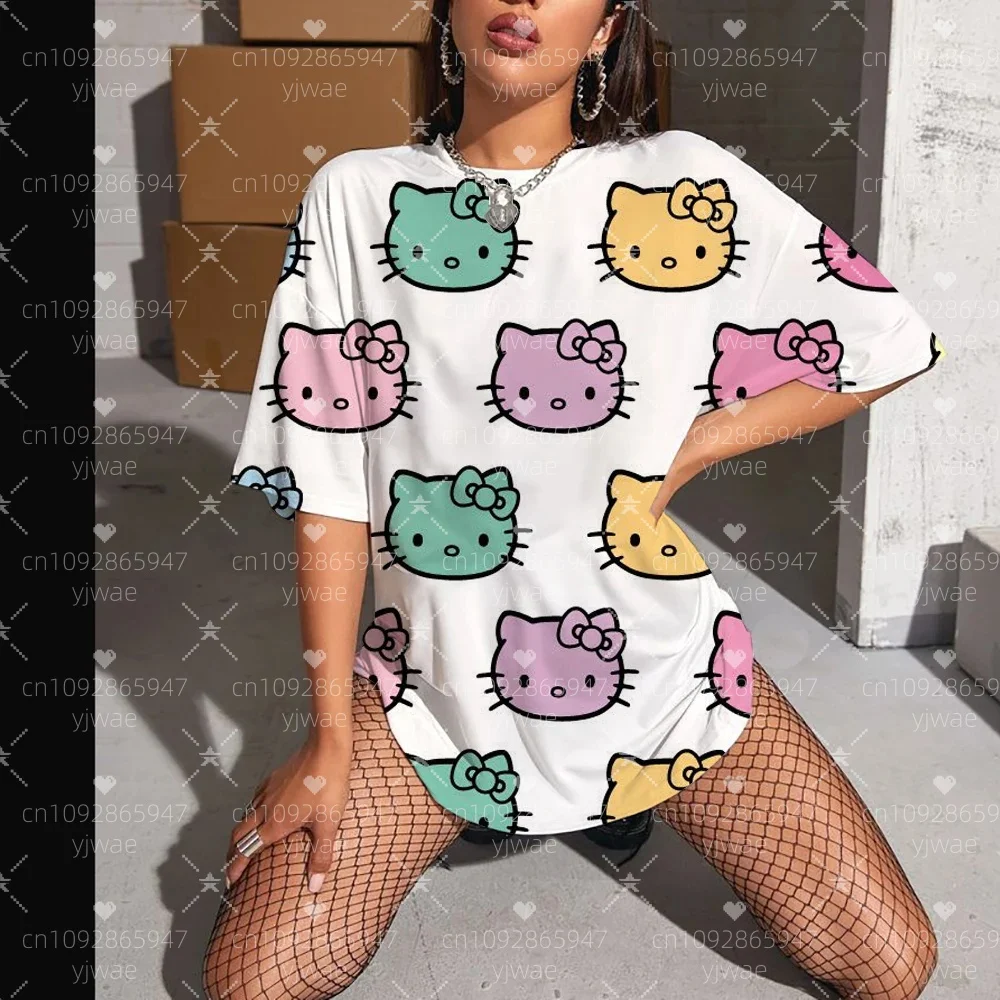 

Лето 2025 г., женская футболка с цветочным принтом Hello Kitty и круглым вырезом с короткими рукавами, повседневный топ для девочек, женская креативная спортивная домашняя футболка