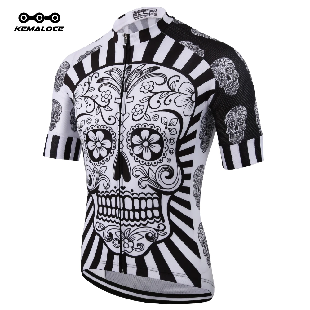 KEMALOCE Camisa Ciclismo Masculina Homens Poliéster Branco Crânio Equipe Profissional Jersey Ciclismo Verão Secagem Rápida Sublimação Impressão Roupa De Bicicleta