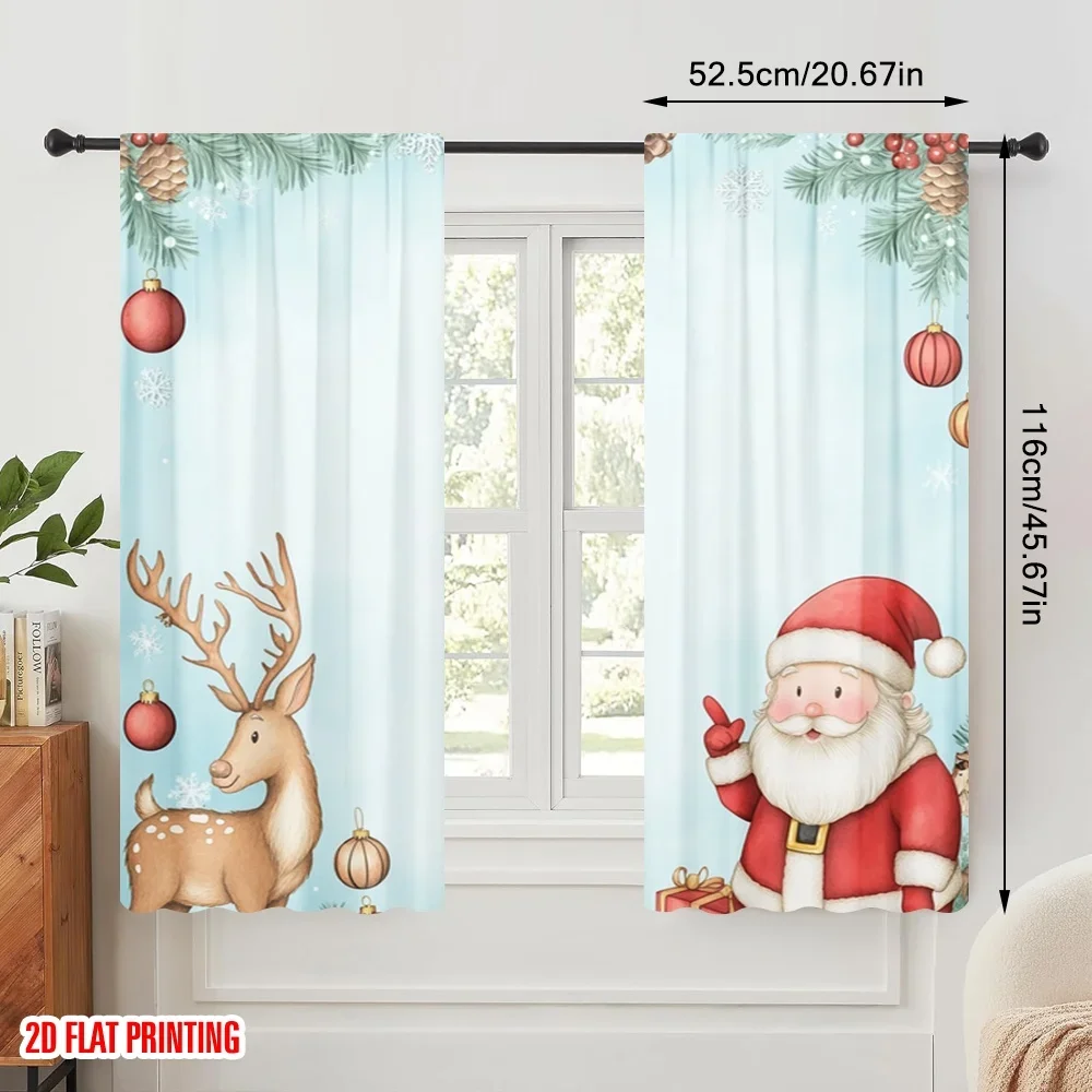 2pcs,2D plane printing Curtain Fabric Cute Santa Reindeer Christmas (3) Versatile 100% Polyester (without rod) Art Deco Festive