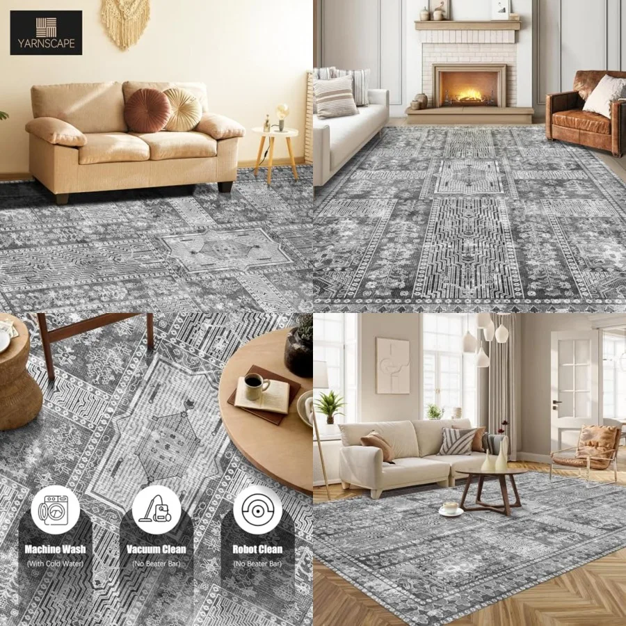 

Vintage Washable Area Rug - Stylish Indoor Rug for Living, Dining or Bedroom - Lightweight Carpet with Non-Slip Backing - Folda