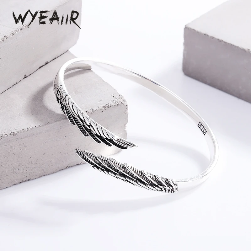 WYEAIIR 925 Sterling Silver Vintage Thai Silver Feather Wings Fine Jewelry Luxury Resizable Opening Female Bangle