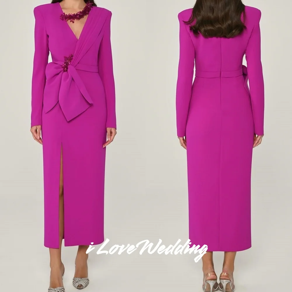 Fuschia – robe de soirée trapèze, col en v, nœud perlé, manches longues, fente latérale, longueur thé, robes d'occasion sur mesure plissées personnalisées
