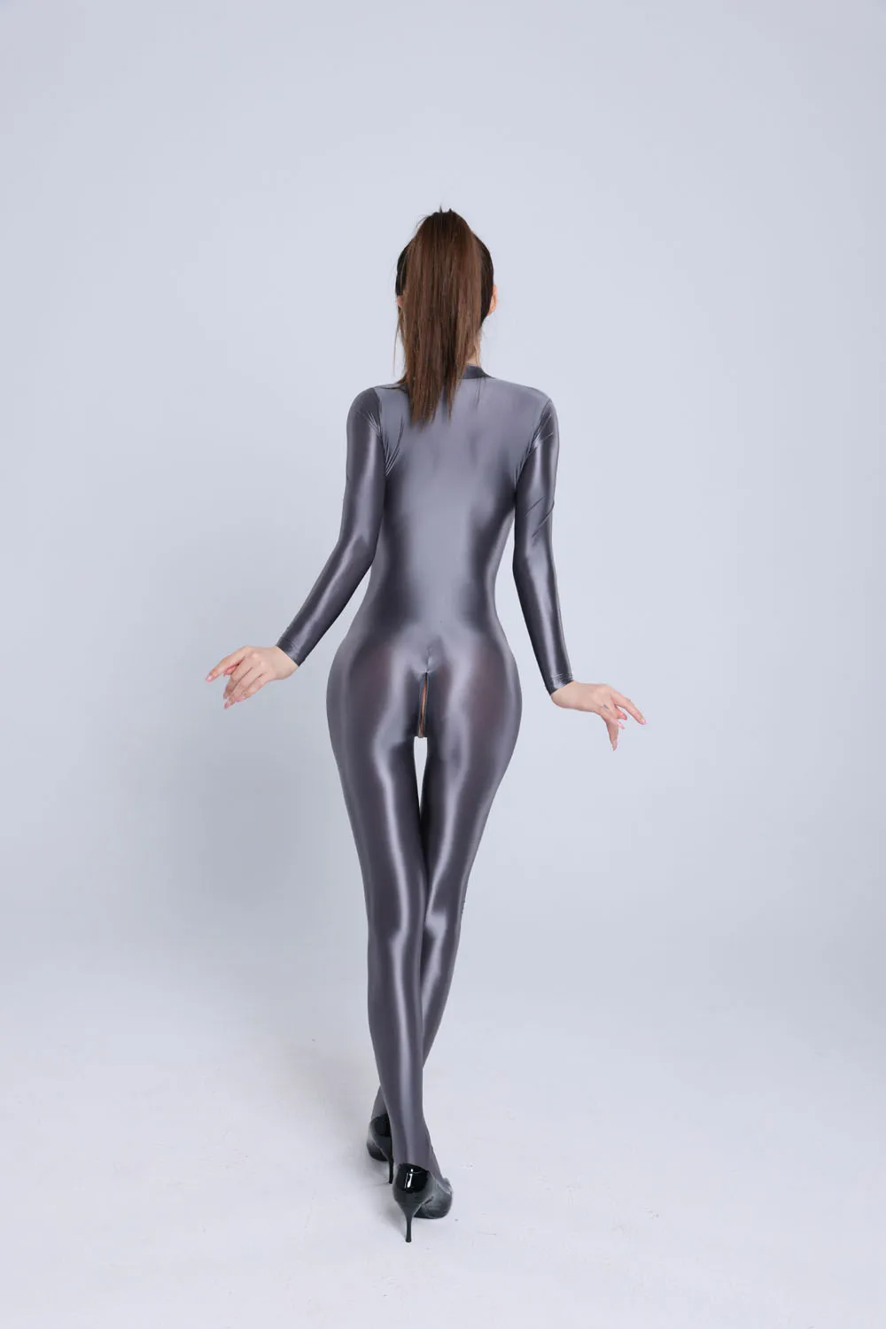 Neuer Ölglänzender Langarm-Nylon-Bodystocking Catsuit mit Doppelreißverschluss im Schritt Glatter Seidiger Bodysuit Elastischer Fitness-Jumpsuit Leotard – Detail 16
