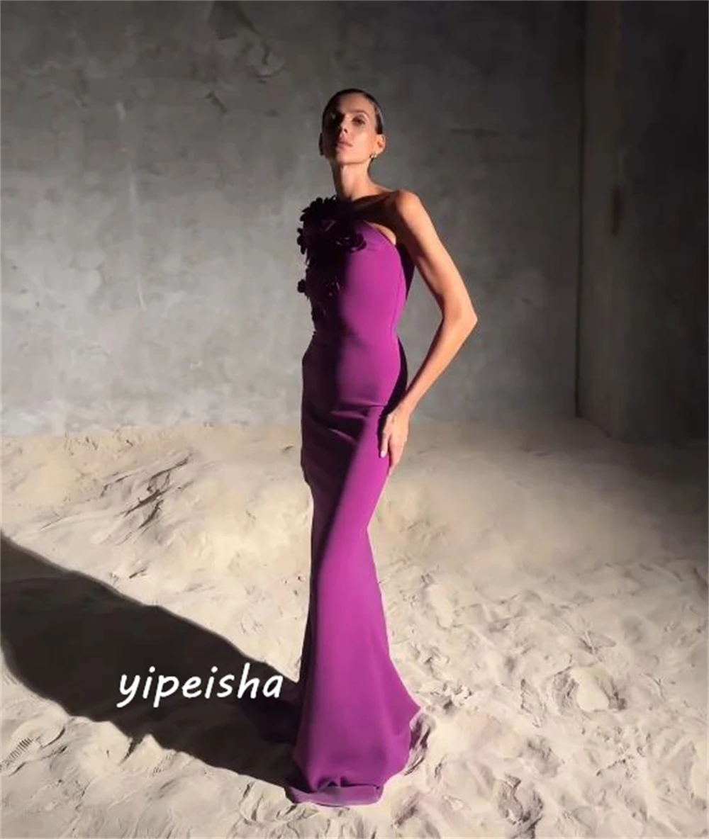  Fashion Matching One-shoulder Mermaid Celebrity  Flower Hugging Floor Length Skirts Charmeuse Evening فساتين