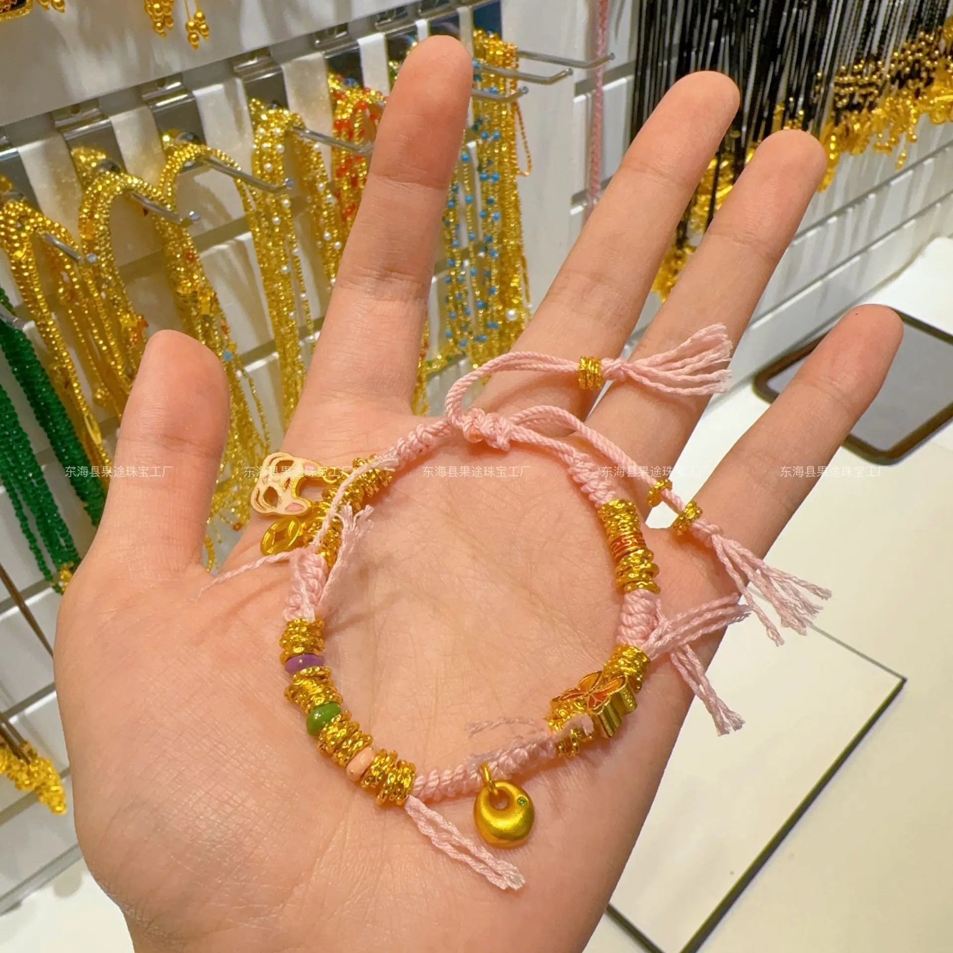 

Plated Genuine Gold Strong Preservation Ancient Method Sand Plate Wrapped With Pink Rope Small Lump Red Butterfly Girls Gift