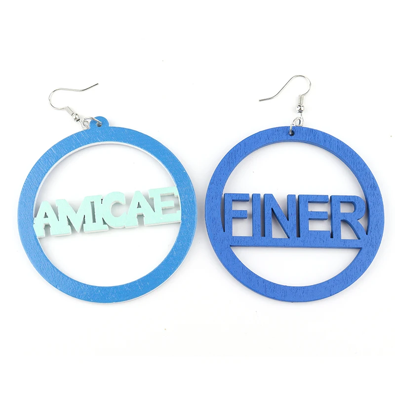 Greek Sorority Stock Custom Nature Wood Round Hollow Zeta AMICAE ZA Light Blue Letter Personalized Wooden EarrinCan Mixed Colors