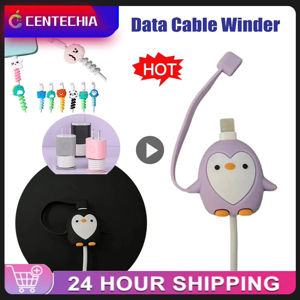 Anti-break Dust Cover Purple Winder PVC Charging Data Cable Case Mobile Phone Peripherals Cute Penguin Case Penguin Winder Cable