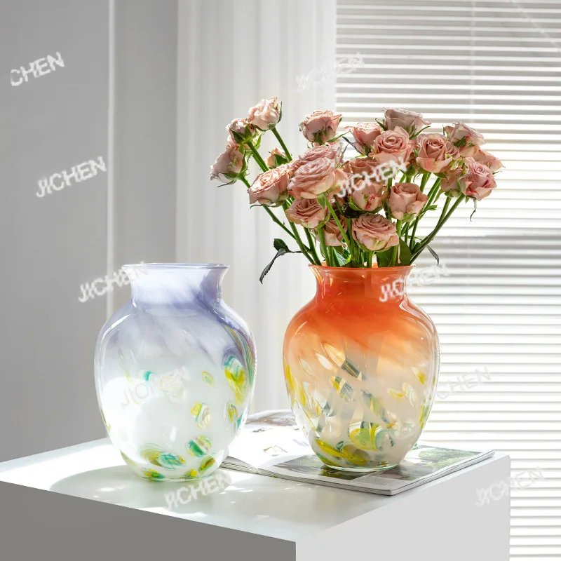 

Стеклянная ваза с градиентным переходом цвета и узором в горошек, французский декор, для цветочных композиций, ретро-стиль, для гостиной, легкая роскошь, декоративная стеклянная ваза.