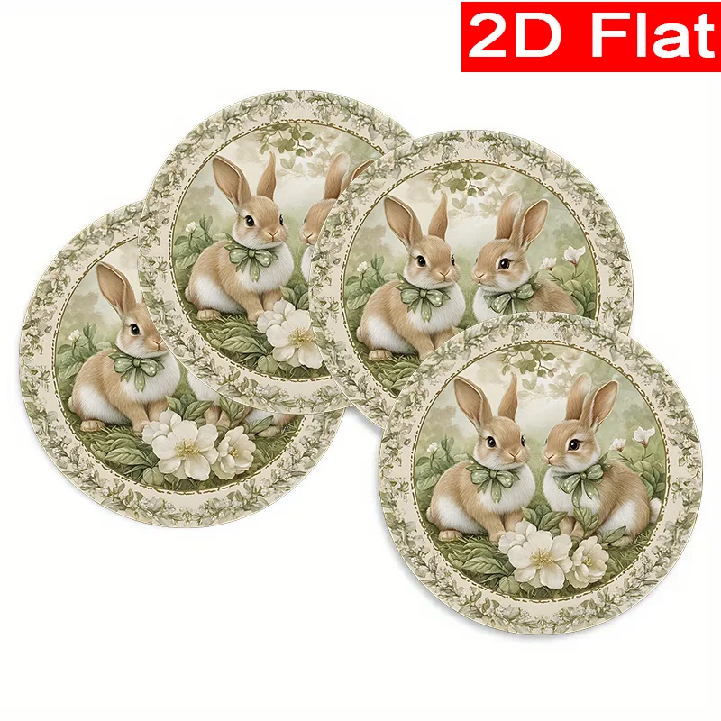 

4pcs Cute Rabbit & Easter Egg Round Table Mat with Green Camellia Bow 15-Inch Spring Party Dining Decor Suitable for Banquets