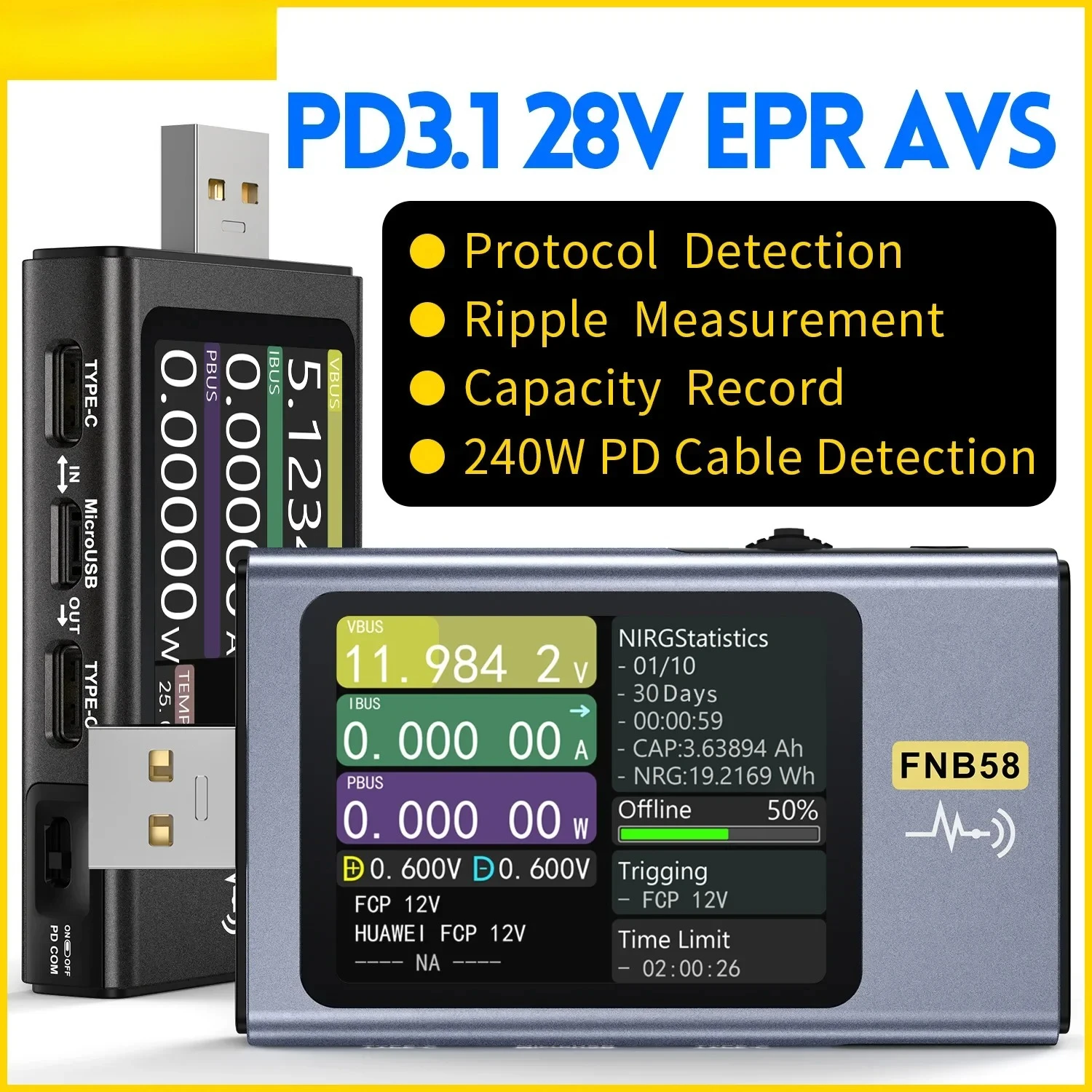 FNB58 USB Tester Voltmeter Ammeter TYPE-C Fast Charge Detection Trigger Capacity Measurement Ripple Measurement