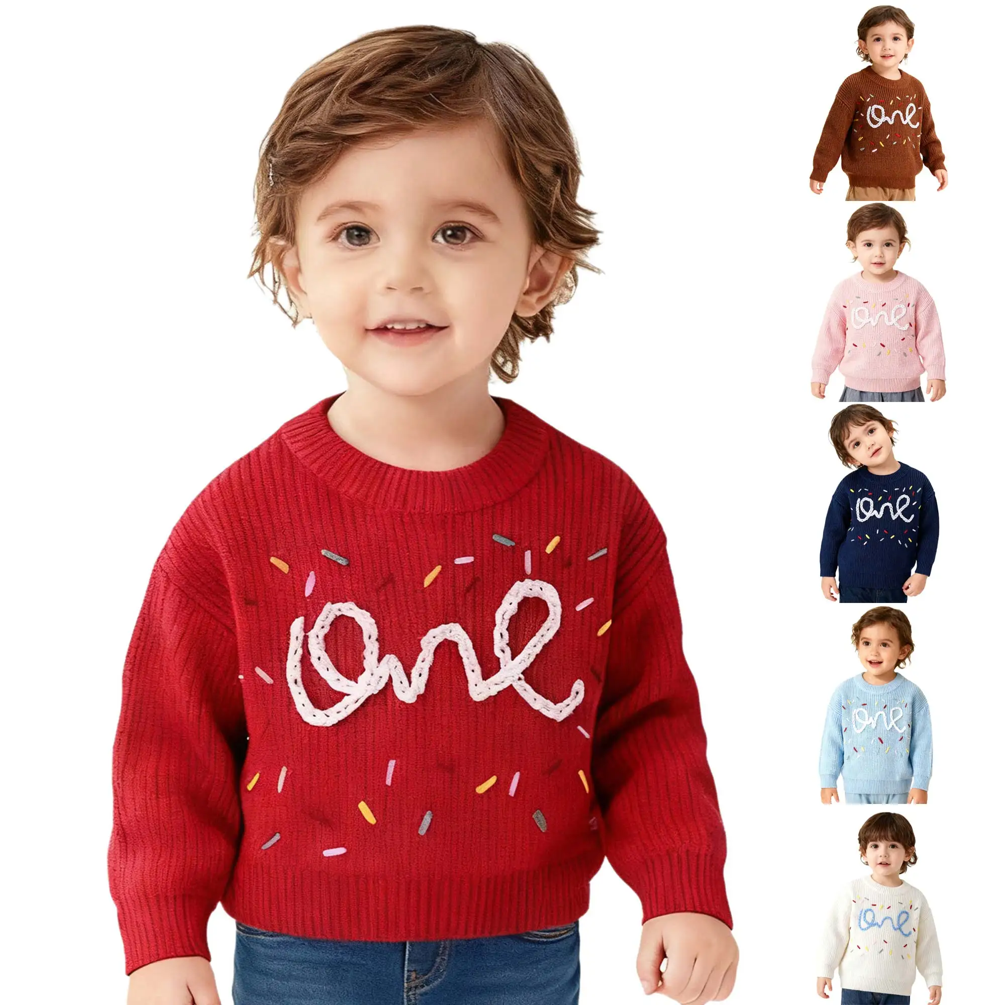 سترة عيد الميلاد الأولى للأطفال البنات والأولاد لخريف وشتاء كاجوال بأكمام طويلة مطرزة بحروف بلوفر محبوك ملابس للأطفال الصغار