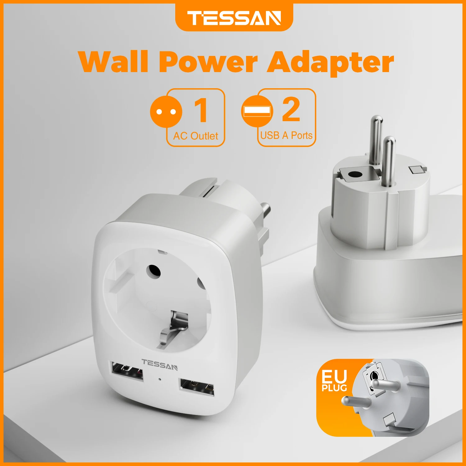 Image of TESSAN 3600W EU-Steckdosenadapter mit 1 Schuko-Anschluss 2 USB-A-Ports Kompakter 3-in-1 DE-Wandstecker für Zuhause Büro Telefon Tablet